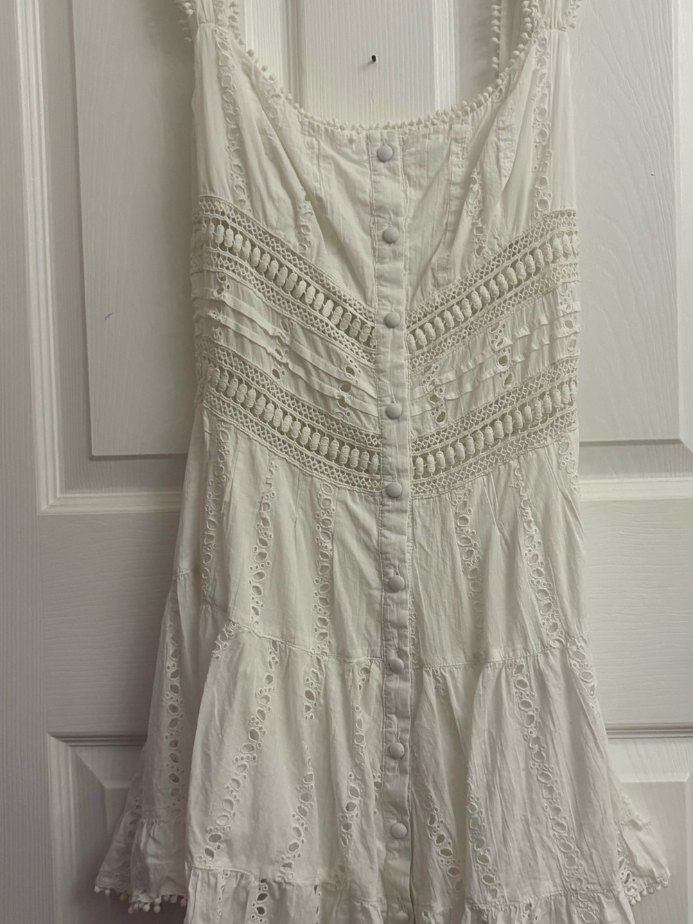RAHI White 100% Cotton Eyelet Pom-Pom Trim Mini Dress - Size XS